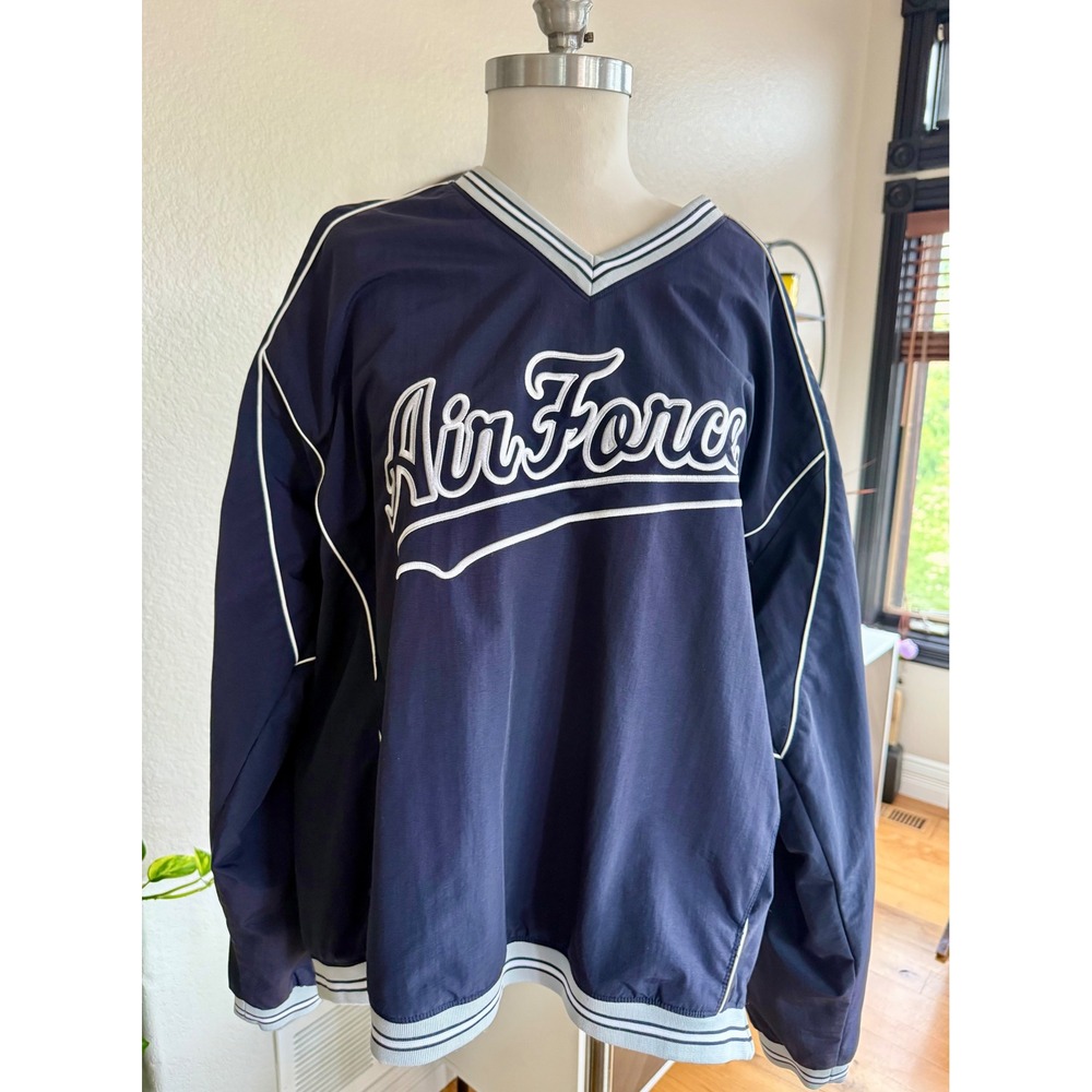 Vintage Air Force Embroidered Pullover Windbreaker Jacket Size XL Navy side zip‎